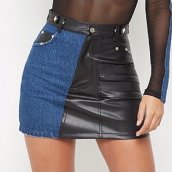 Dresses & Skirts - MANIÈRE DE VIOR Leather & Denim Mini Skirt